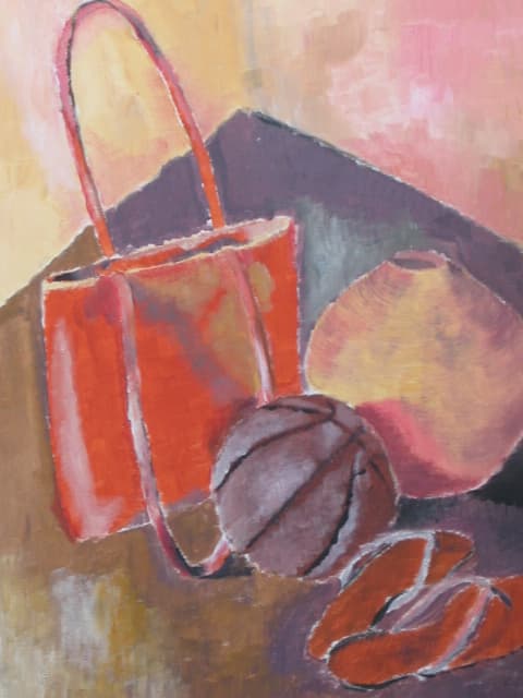 Bag, ball, pot and slippers